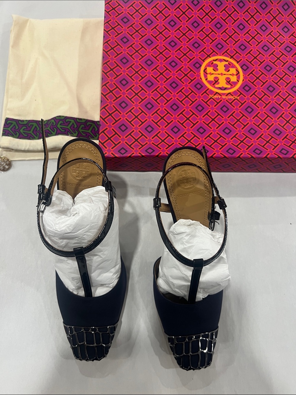 Tory Burch Black T-Strap Square-Toe Mules with Metallic Accent